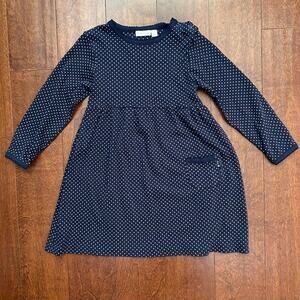 JoJo Maman Bebe Long Sleeve Navy Polka Dot Dress, 100% Cotton, Size 4/5